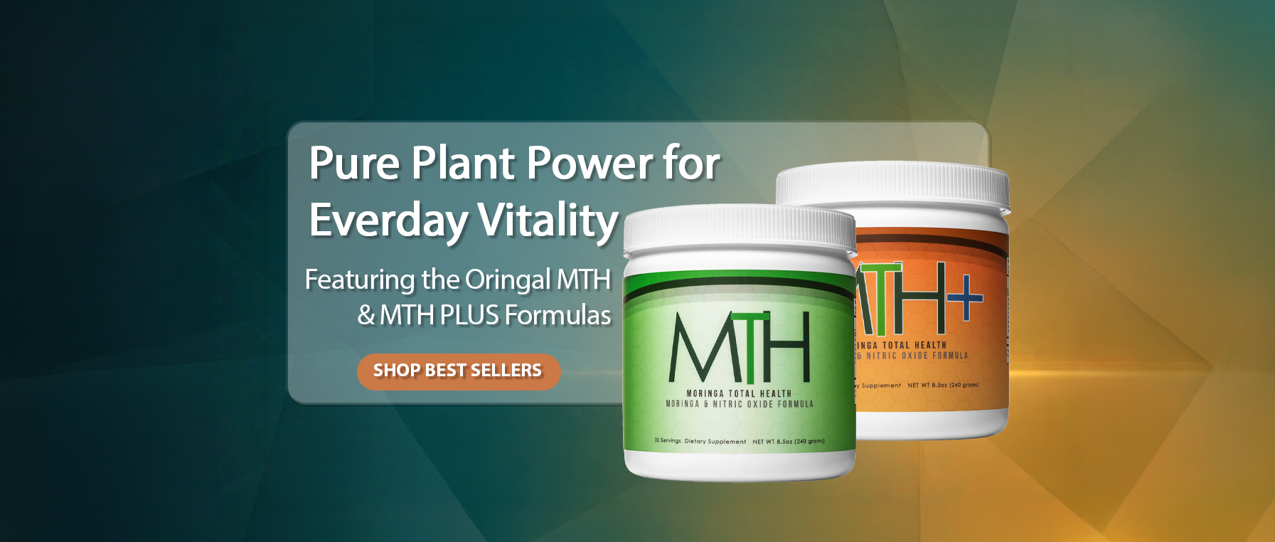 Moringa Total Health (MTH) and MTH PLUS supplement bottles from THE MLM SHOPPE—Pure Plant Power for Everyday Vitality.